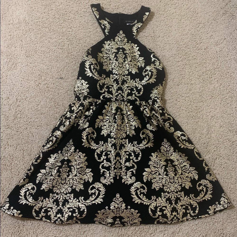B. Darlin Black and Gold Skater Dress Halter Neck